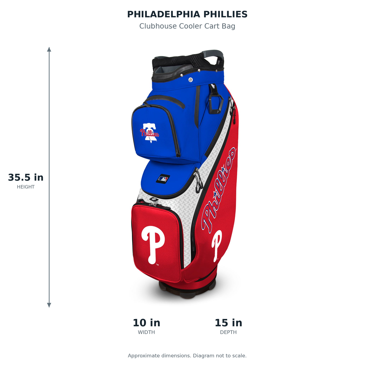 Philadelphia Phillies Clubhouse Cooler Cart Bag - approximate dimensions: 35.5 inches high, 10 inches wide, 15 inches deep