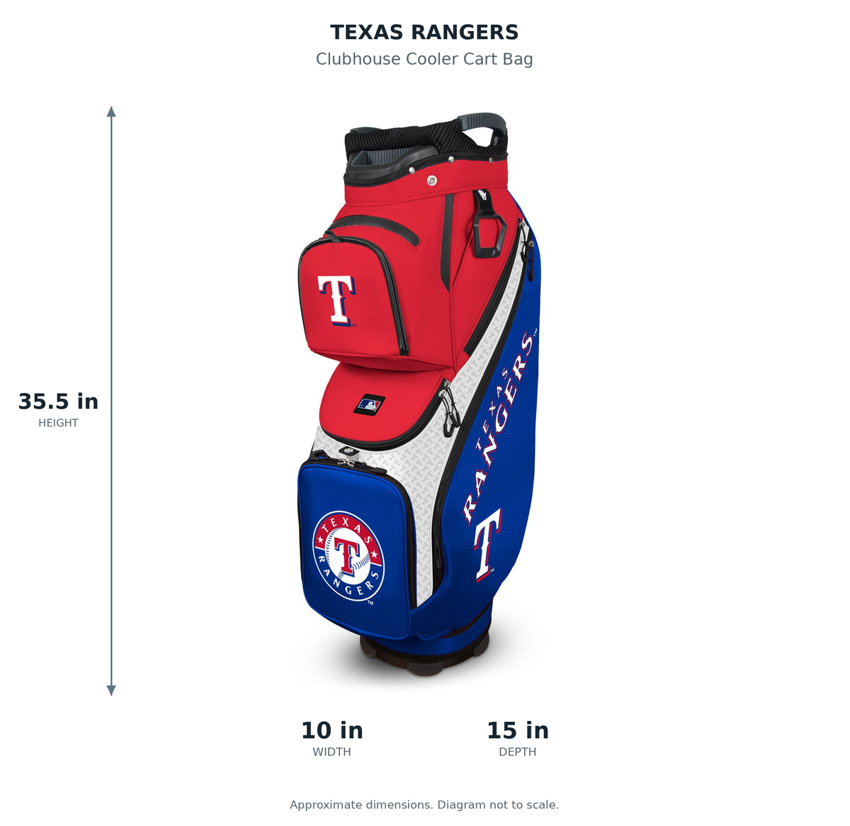 Texas Rangers Clubhouse Cooler Cart Bag - approximate dimensions: 35.5 inches high, 10 inches wide, 15 inches deep