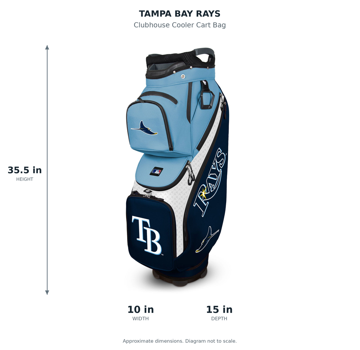 Tampa Bay Rays Clubhouse Cooler Cart Bag - approximate dimensions: 35.5 inches high, 10 inches wide, 15 inches deep