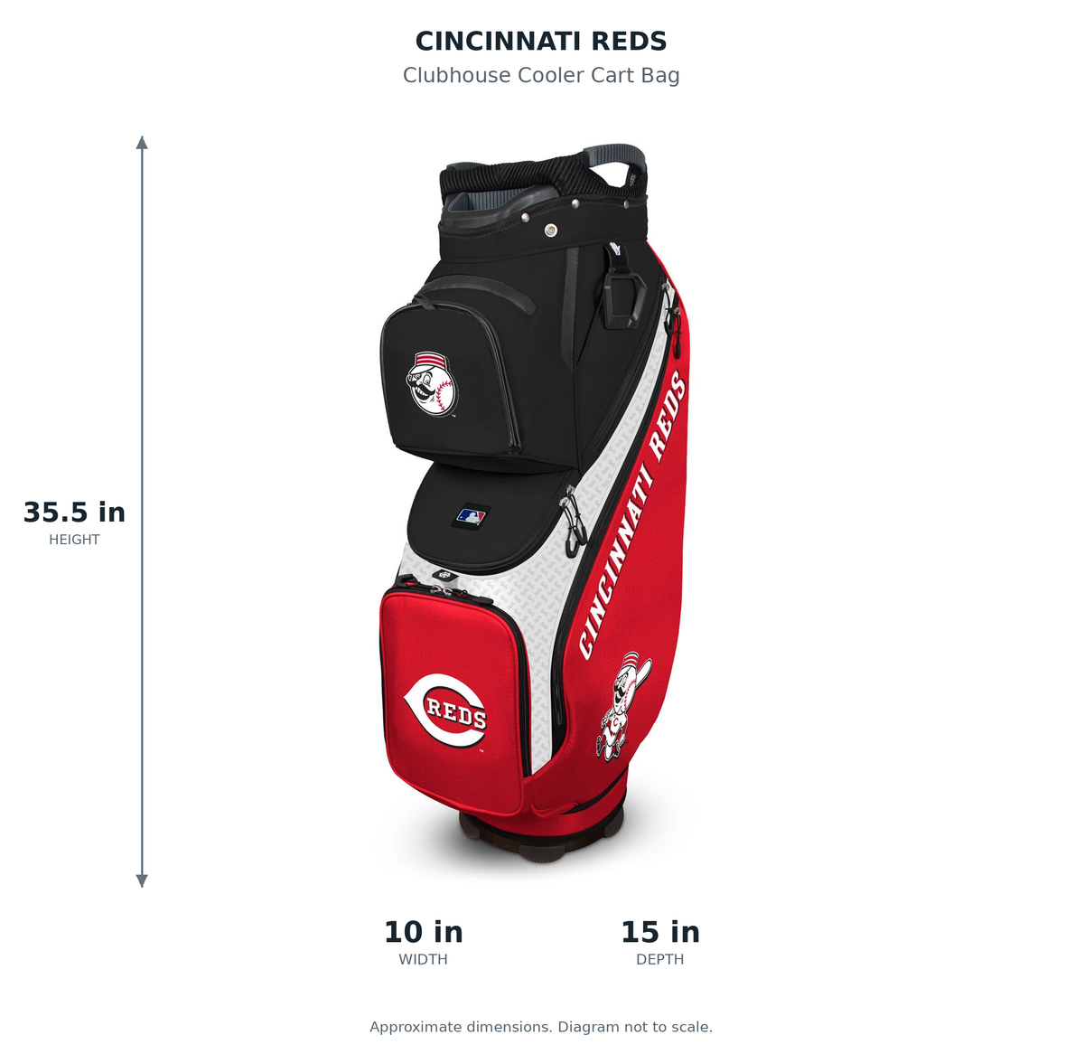 Cincinnati Reds Clubhouse Cooler Cart Bag - approximate dimensions: 35.5 inches high, 10 inches wide, 15 inches deep