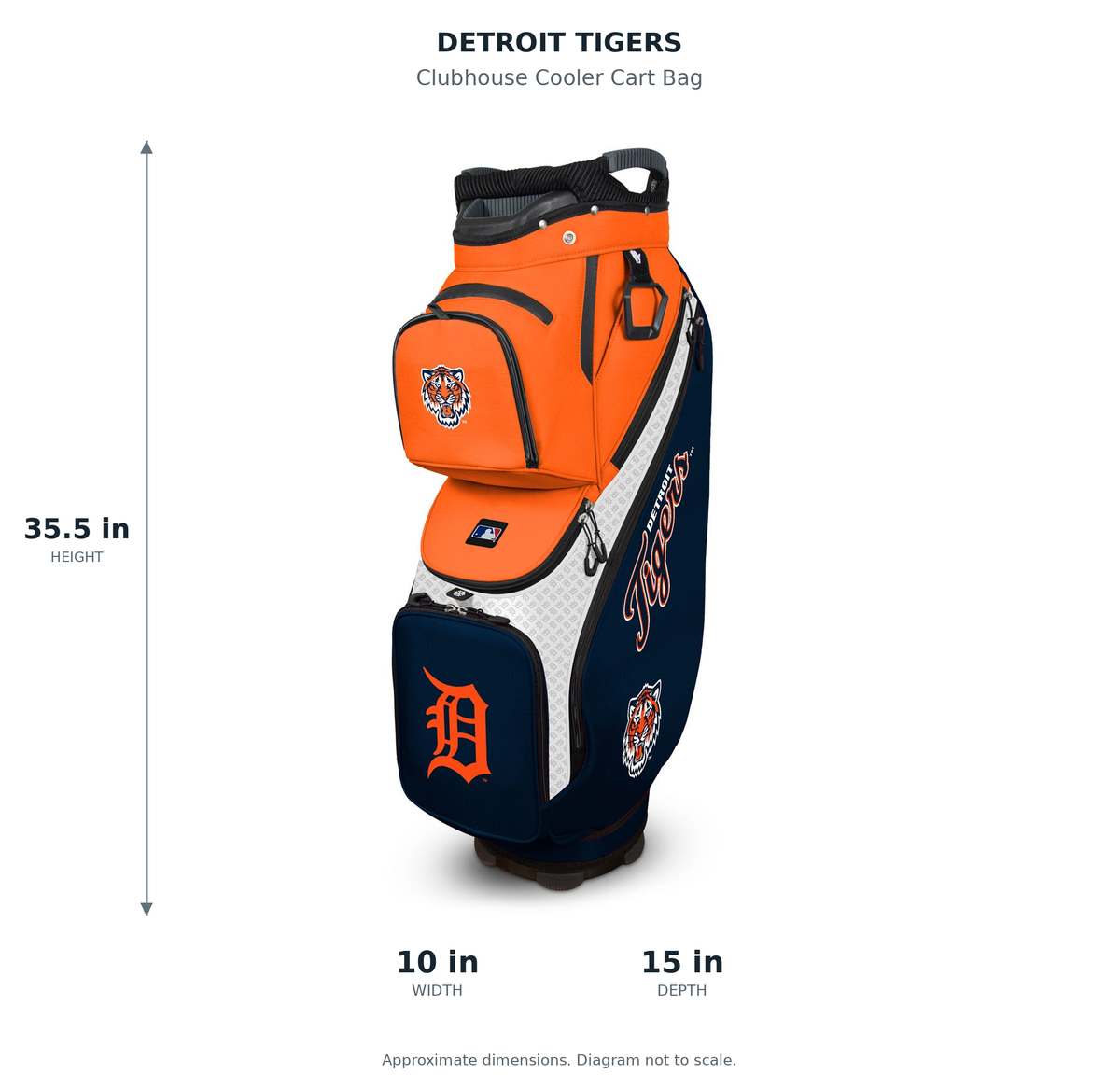 Detroit Tigers Clubhouse Cooler Cart Bag - approximate dimensions: 35.5 inches high, 10 inches wide, 15 inches deep