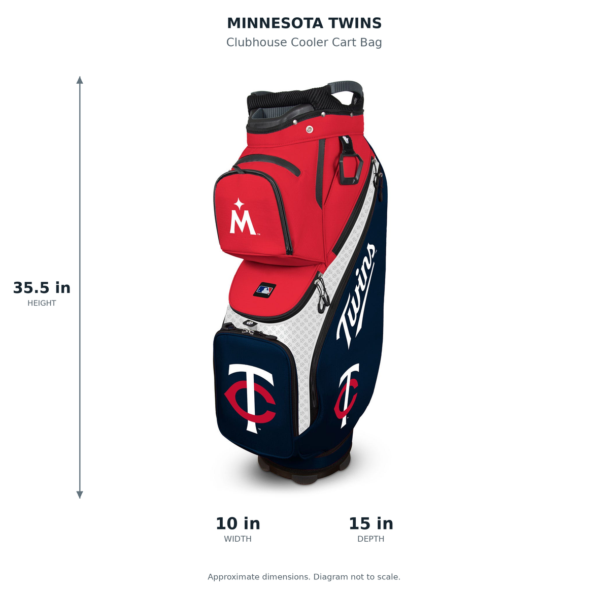 Minnesota Twins Clubhouse Cooler Cart Bag - approximate dimensions: 35.5 inches high, 10 inches wide, 15 inches deep