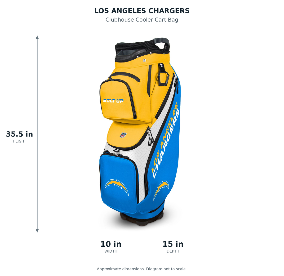 Los Angeles Chargers Clubhouse Cooler Cart Bag - approximate dimensions: 35.5 inches high, 10 inches wide, 15 inches deep