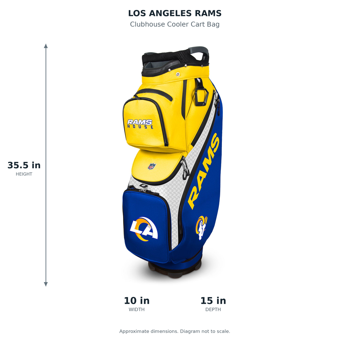 Los Angeles Rams Clubhouse Cooler Cart Bag - approximate dimensions: 35.5 inches high, 10 inches wide, 15 inches deep