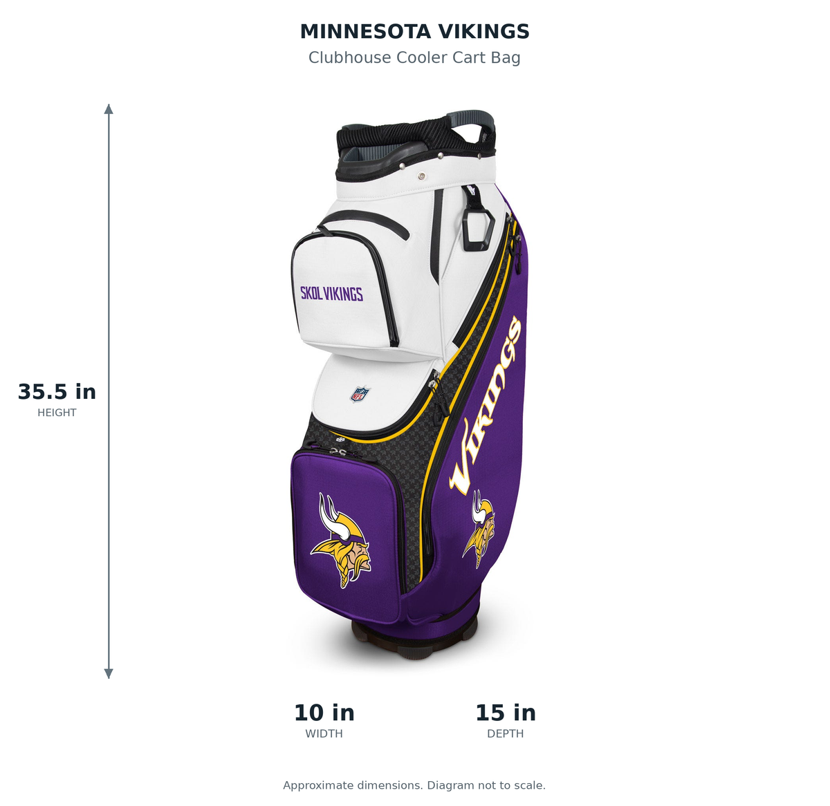 Minnesota Vikings Clubhouse Cooler Cart Bag - approximate dimensions: 35.5 inches high, 10 inches wide, 15 inches deep
