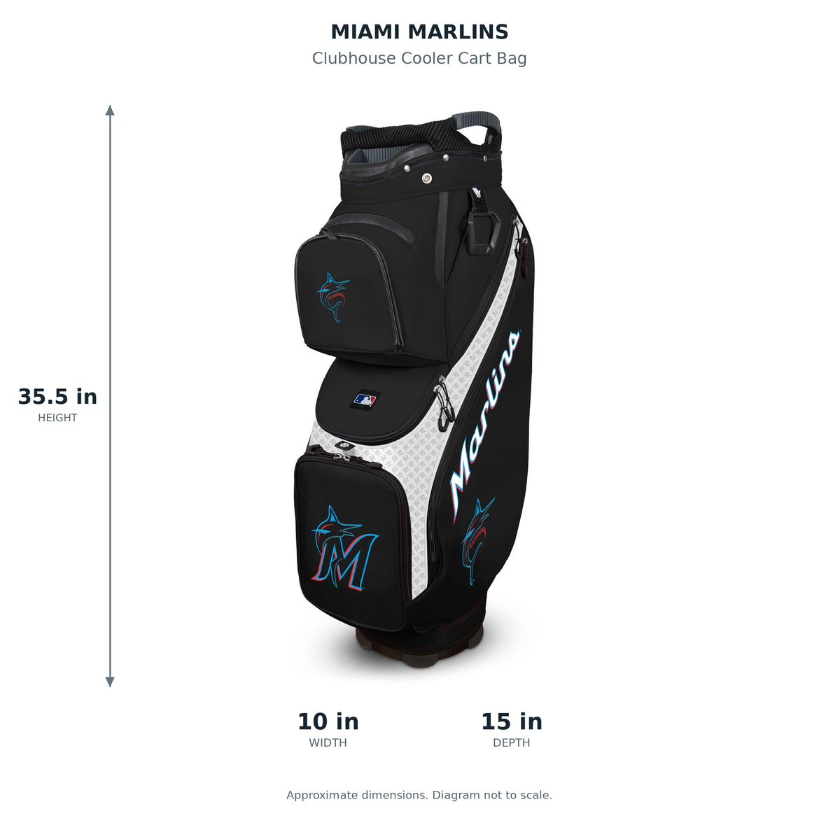 Miami Marlins Clubhouse Cooler Cart Bag - approximate dimensions: 35.5 inches high, 10 inches wide, 15 inches deep