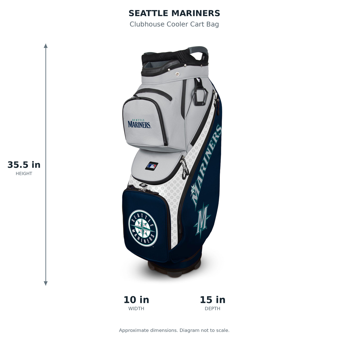 Seattle Mariners Clubhouse Cooler Cart Bag - approximate dimensions: 35.5 inches high, 10 inches wide, 15 inches deep