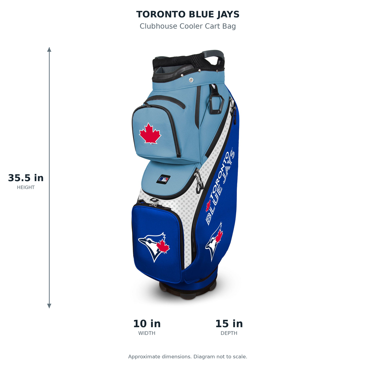 Toronto Blue Jays Clubhouse Cooler Cart Bag - approximate dimensions: 35.5 inches high, 10 inches wide, 15 inches deep