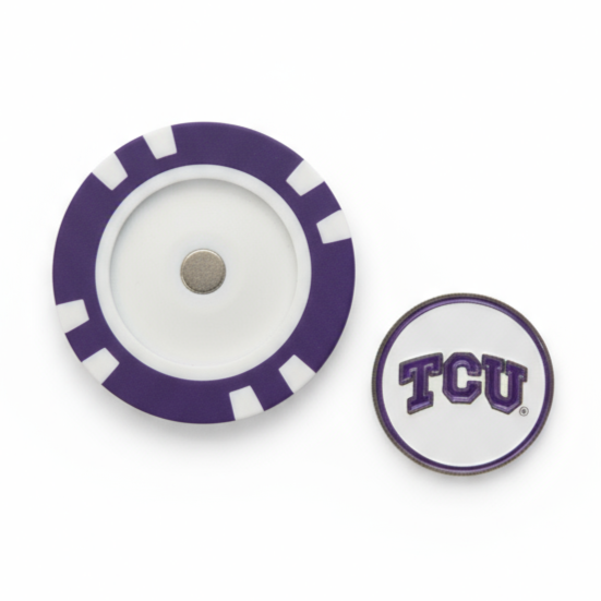Purple and white chip with TCU logo on a white background