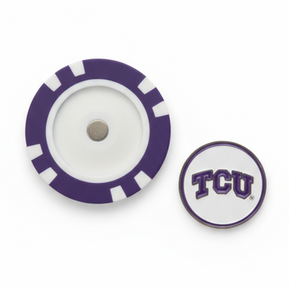 Purple and white chip with TCU logo on a white background