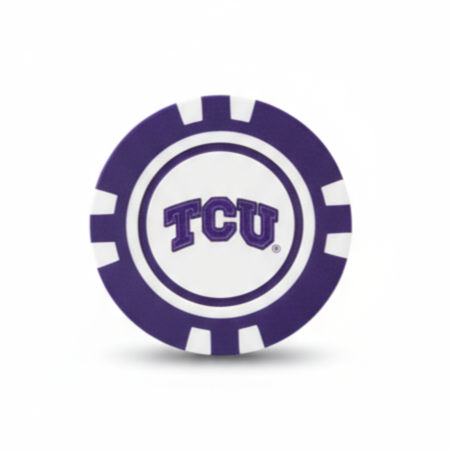 Purple poker chip with TCU logo on a white background