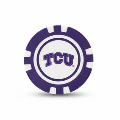 Purple poker chip with TCU logo on a white background