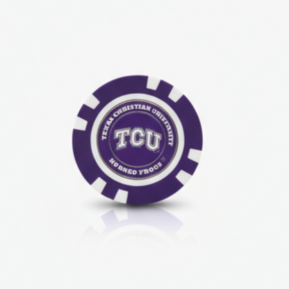 Purple and white TCU chip on a white background