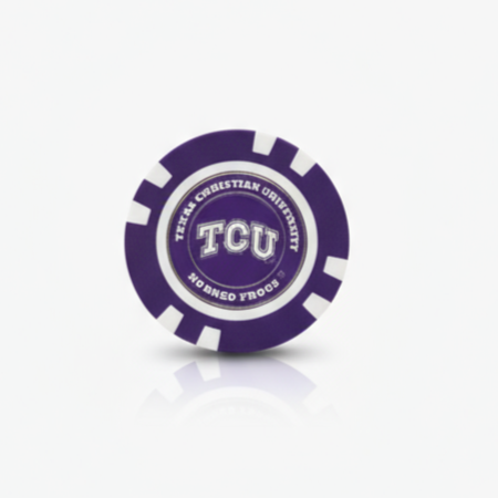 Purple and white TCU chip on a white background