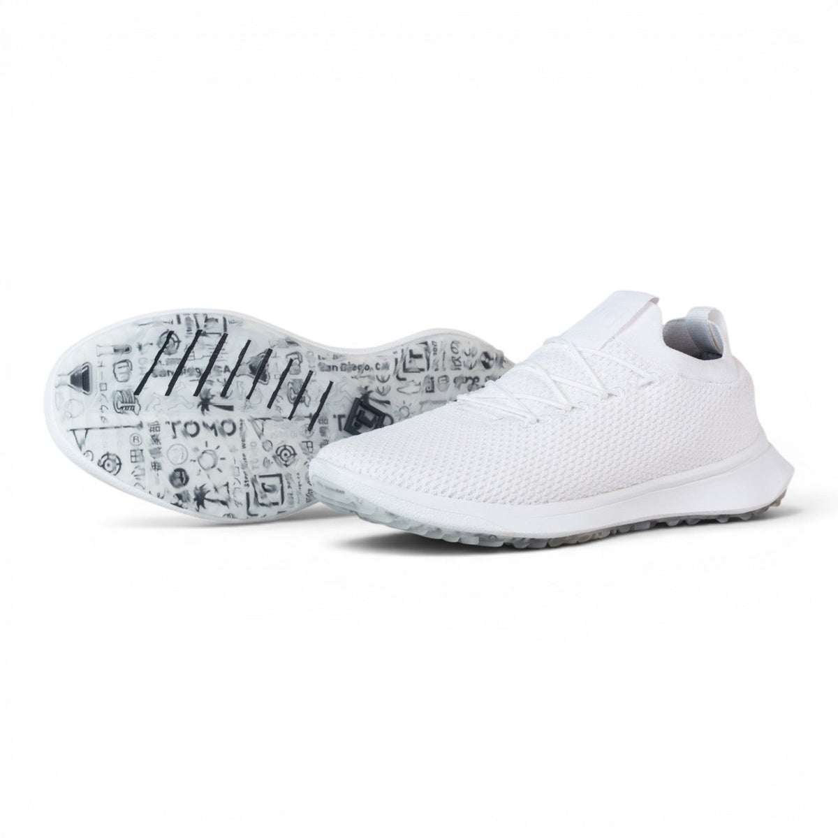 Tomo Alpha men's golf shoes in Hydrogen Snow, pair showing the side and outsole