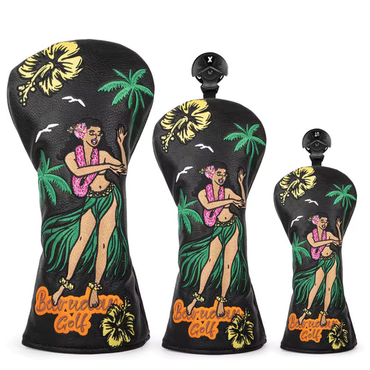 Three golf club head covers with tropical designs and 'Barbarella Golf' branding on a white background.
