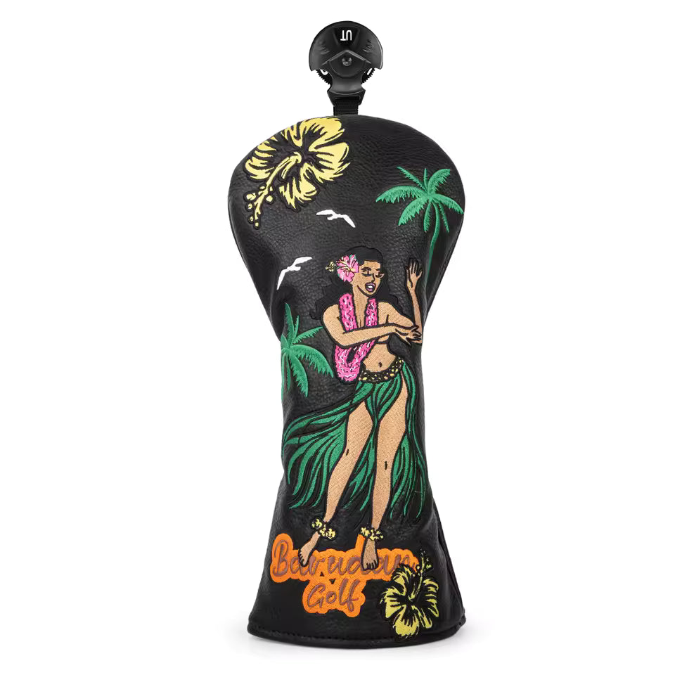 Golf club head cover with hula dancer design on a white background