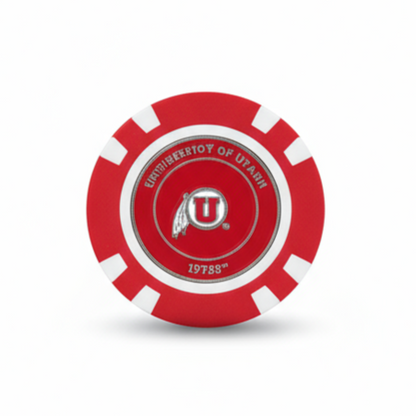 Red and white circular object with a logo on a white background