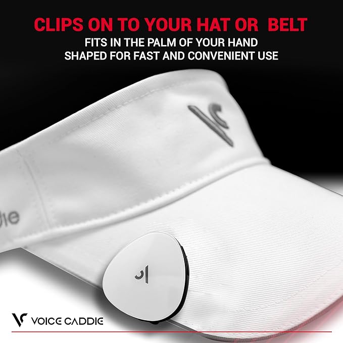 Voice Caddie VC300SE clipped to a white golf visor