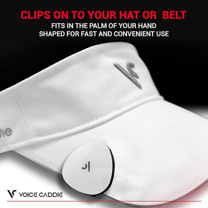 Voice Caddie VC300SE clipped to a white golf visor
