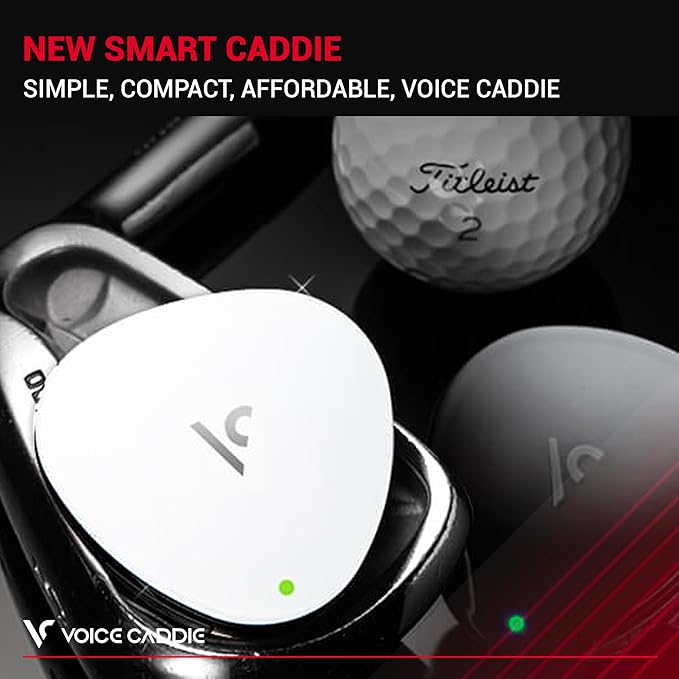 Voice Caddie VC300SE pictured with golf equipment