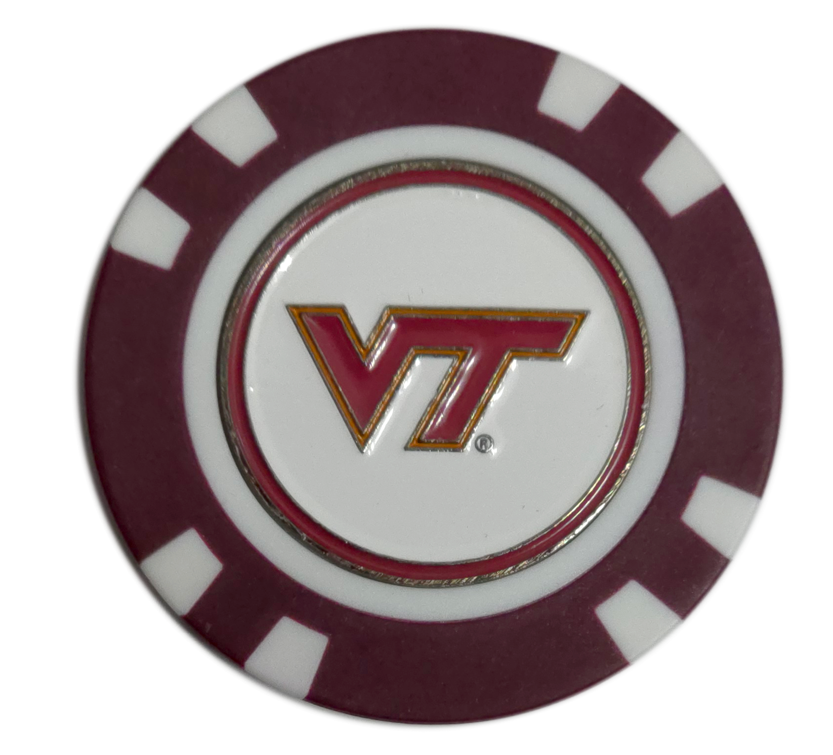 Poker chip with Virginia Tech logo on a white background