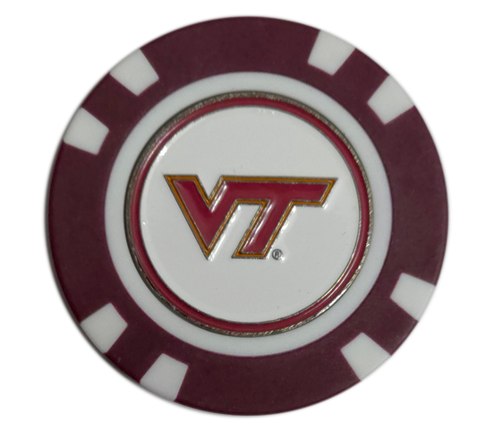 Poker chip with Virginia Tech logo on a white background