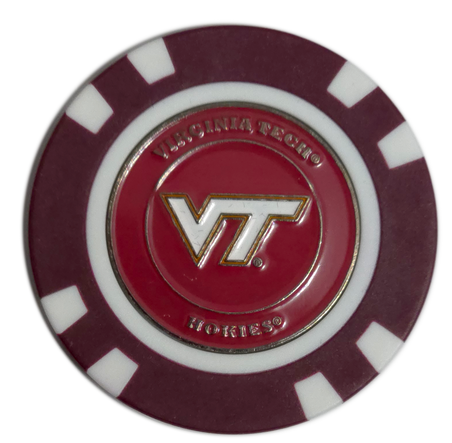 Poker chip with Virginia Tech logo on a white background
