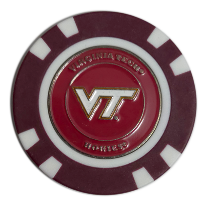 Poker chip with Virginia Tech logo on a white background