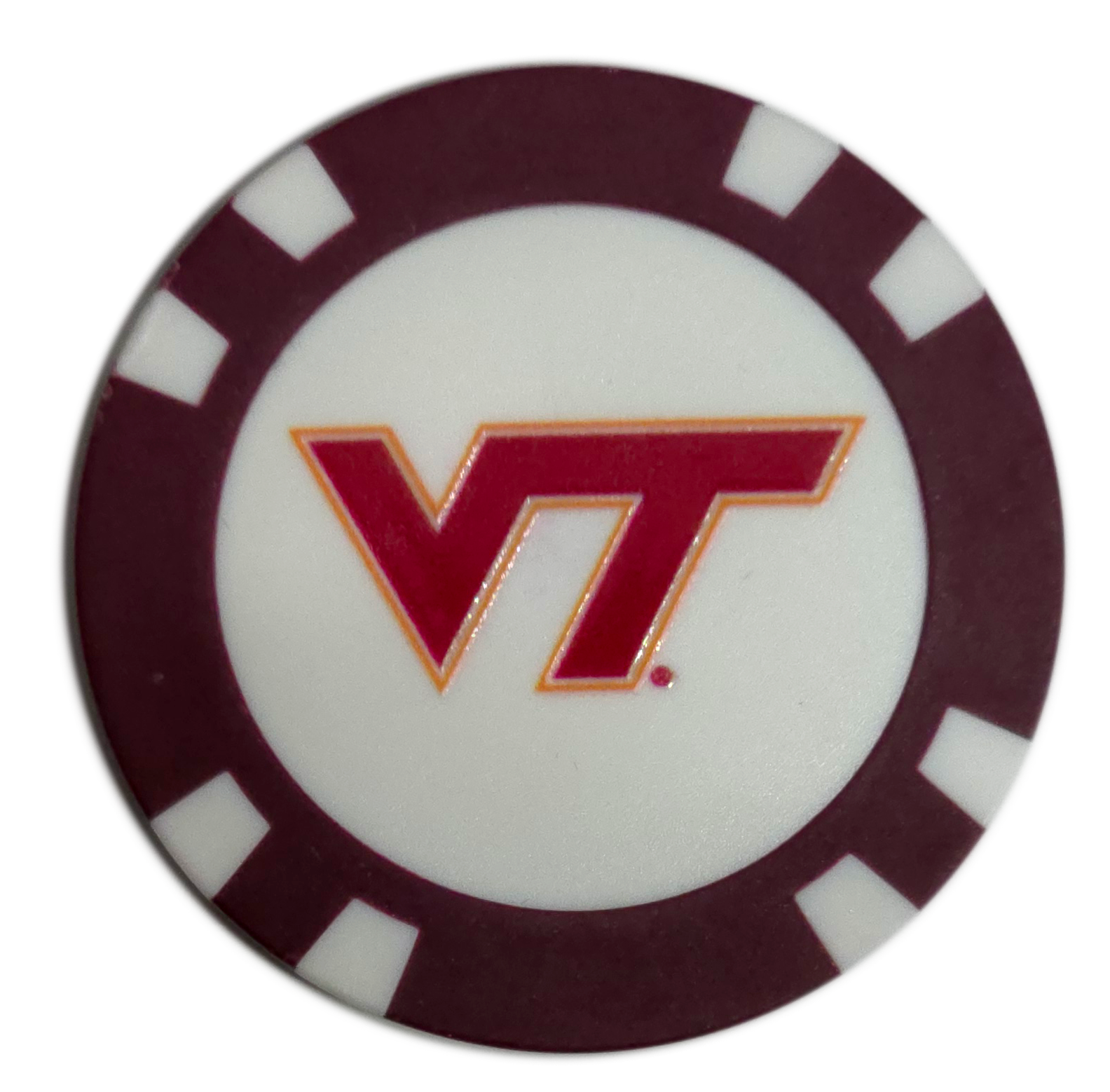 Poker chip with Virginia Tech logo on a white background