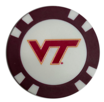 Poker chip with Virginia Tech logo on a white background