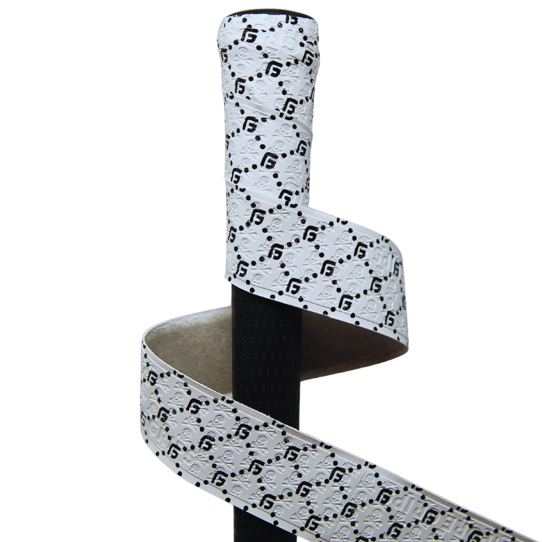 White FG Print wrap spiraling around an existing black golf grip