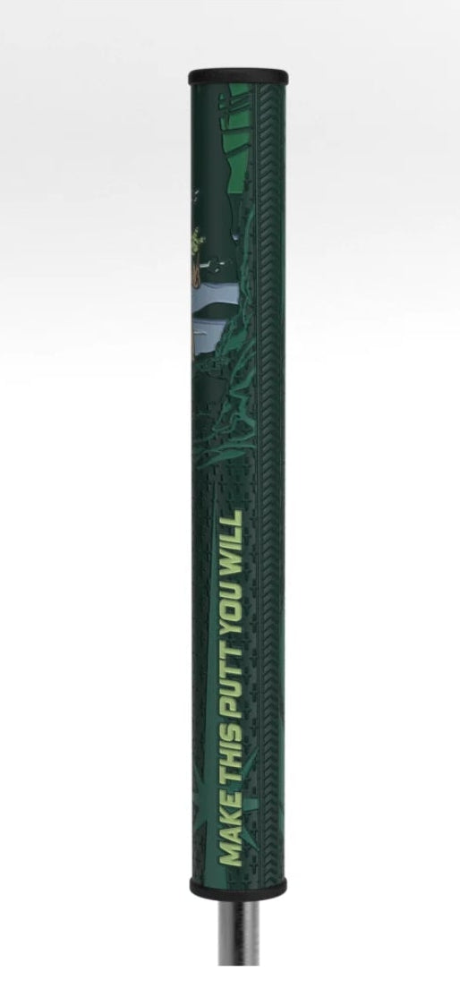 Green golf club head cover on a white background and yoda