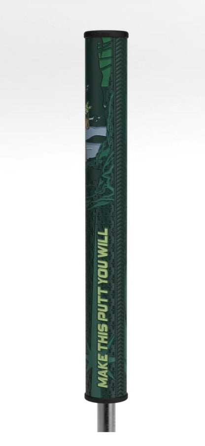 Green golf club head cover on a white background and yoda