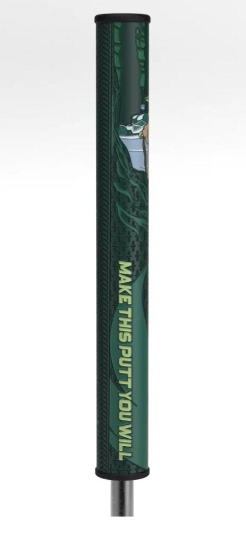 Green golf club head on a white background