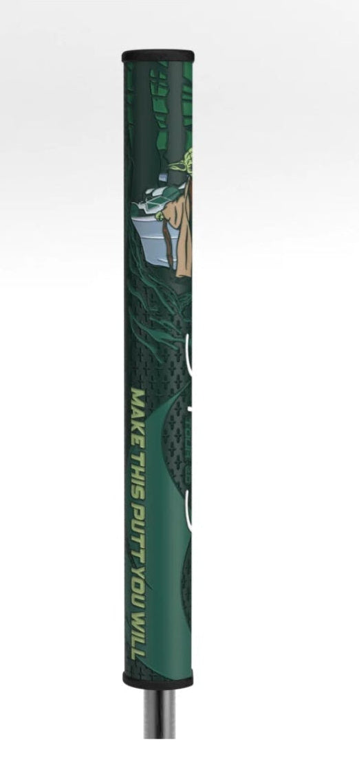 Green golf club grip with branding on a white background