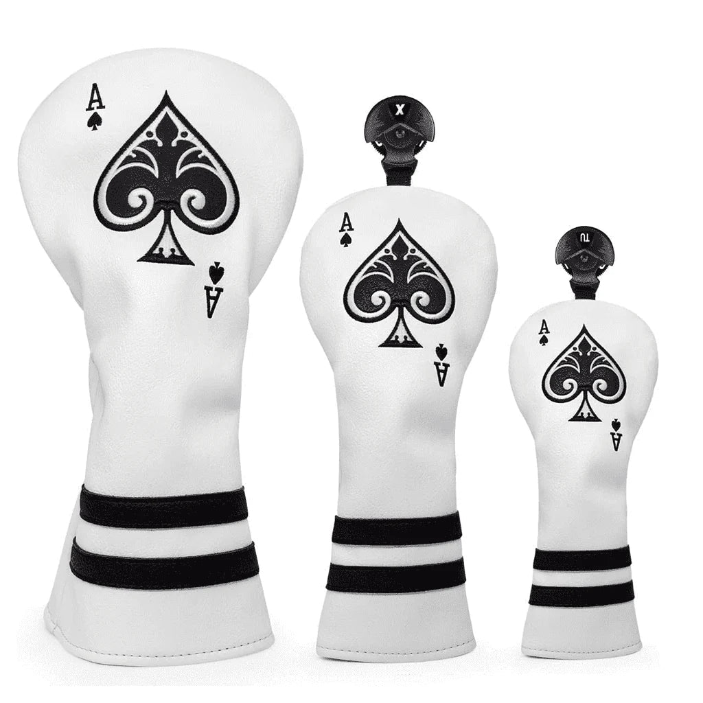 Ace of Spades Headcovers - White 3 Pcs Set - Driver(1) Fairway(1) Hybrid(1) - Club Rehab