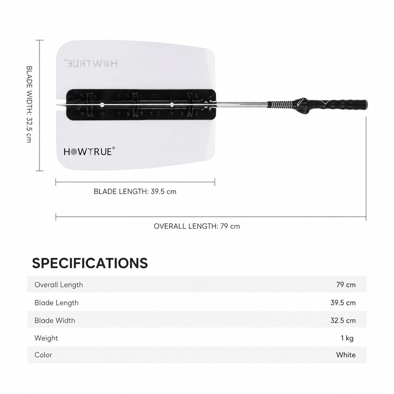 Measurement chart of a blade with specifications on a white background