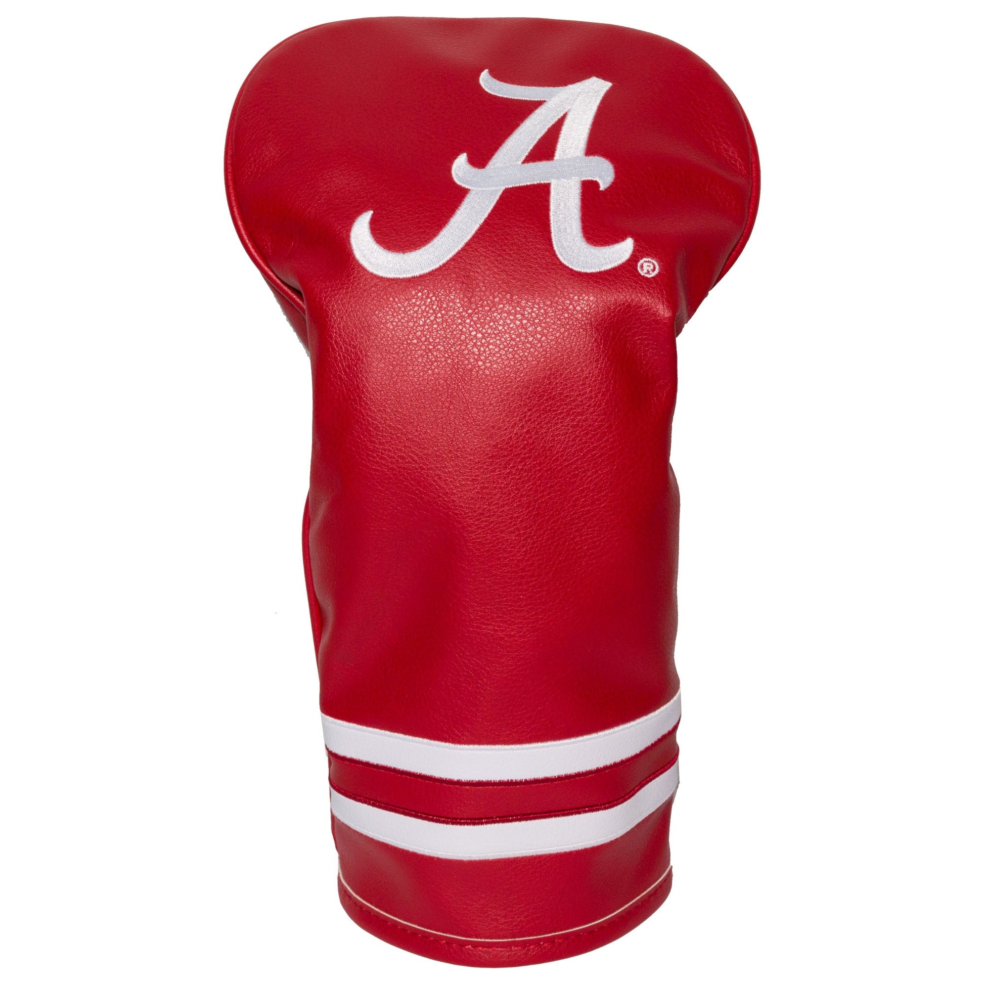 Red golf club head cover with a white 'A' logo on a white background