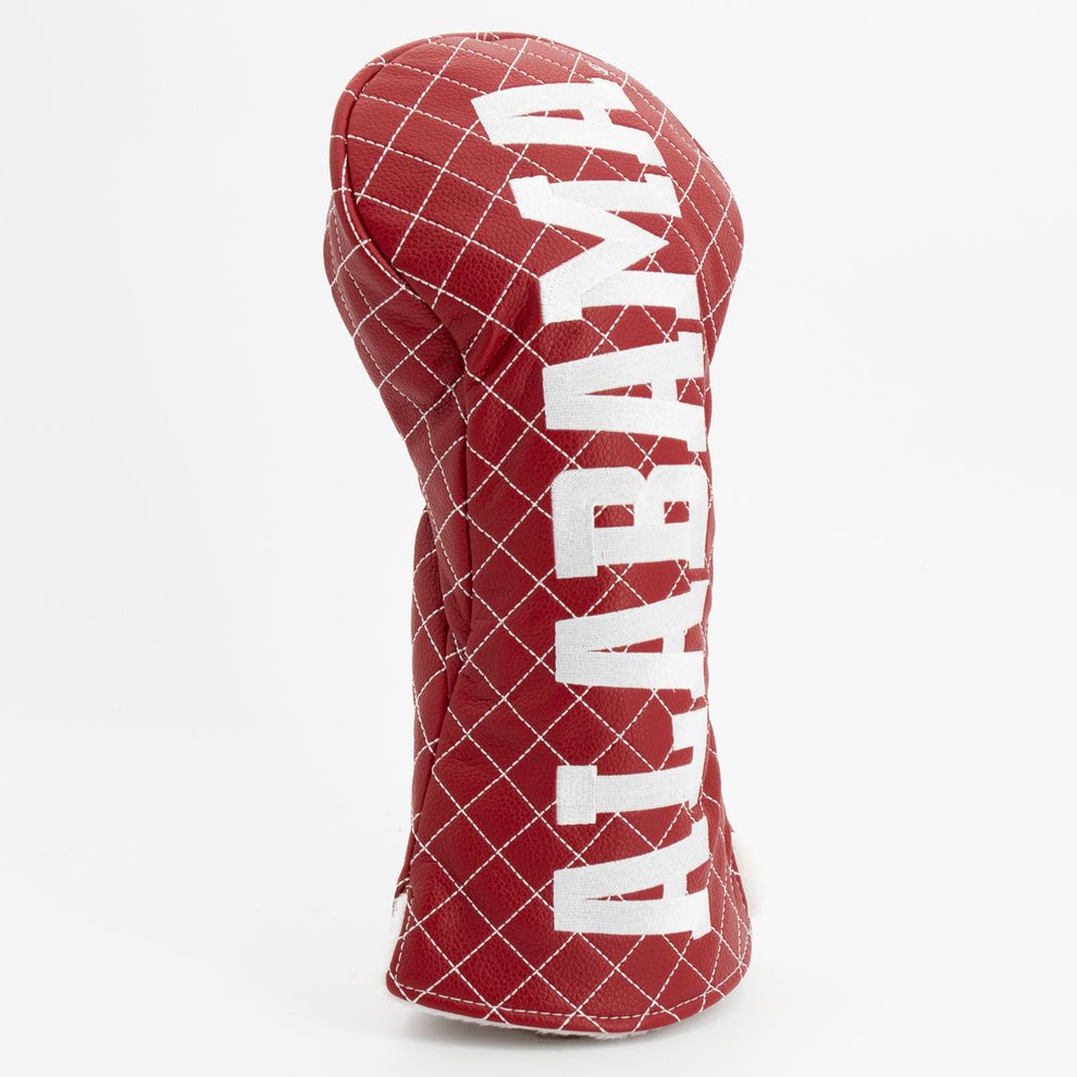 Red golf club head cover with 'Alabama' text on a white background