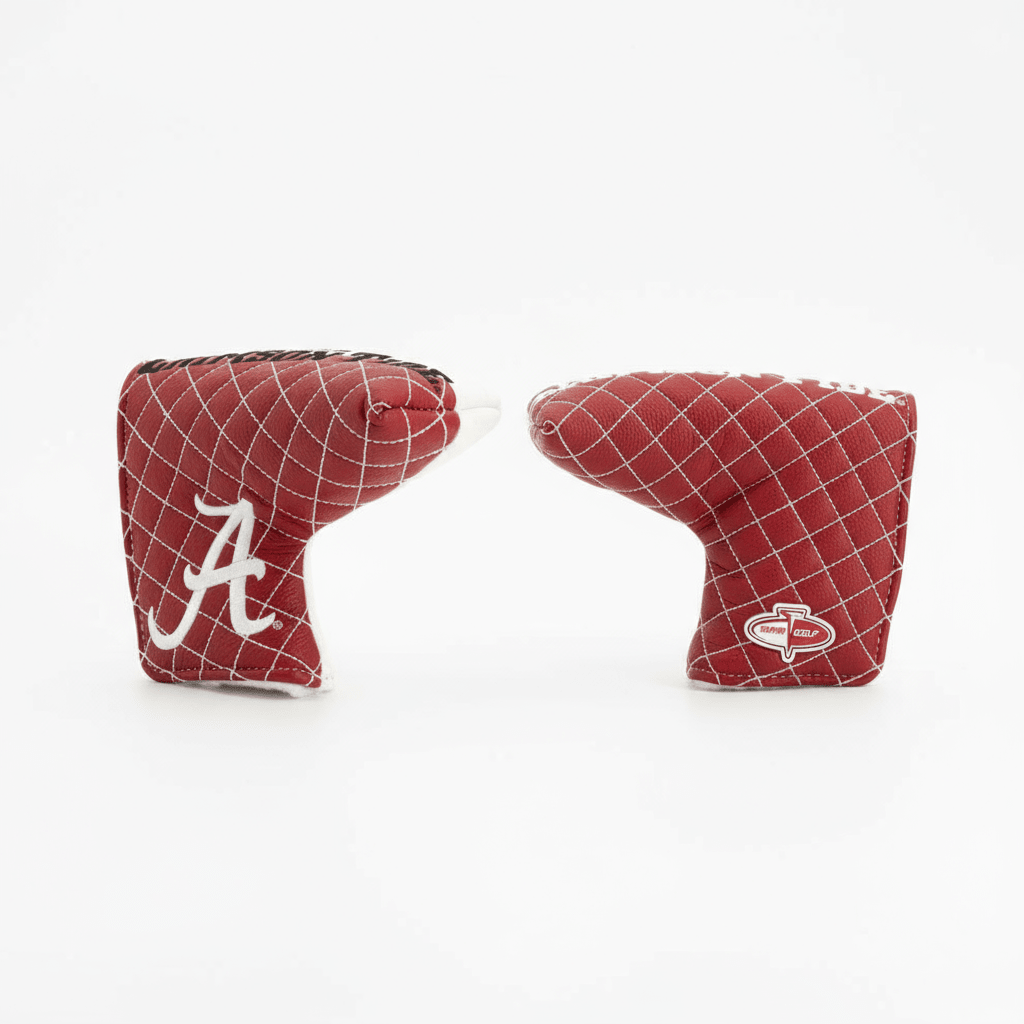 Two red quilted golf club head covers with logos on a white background