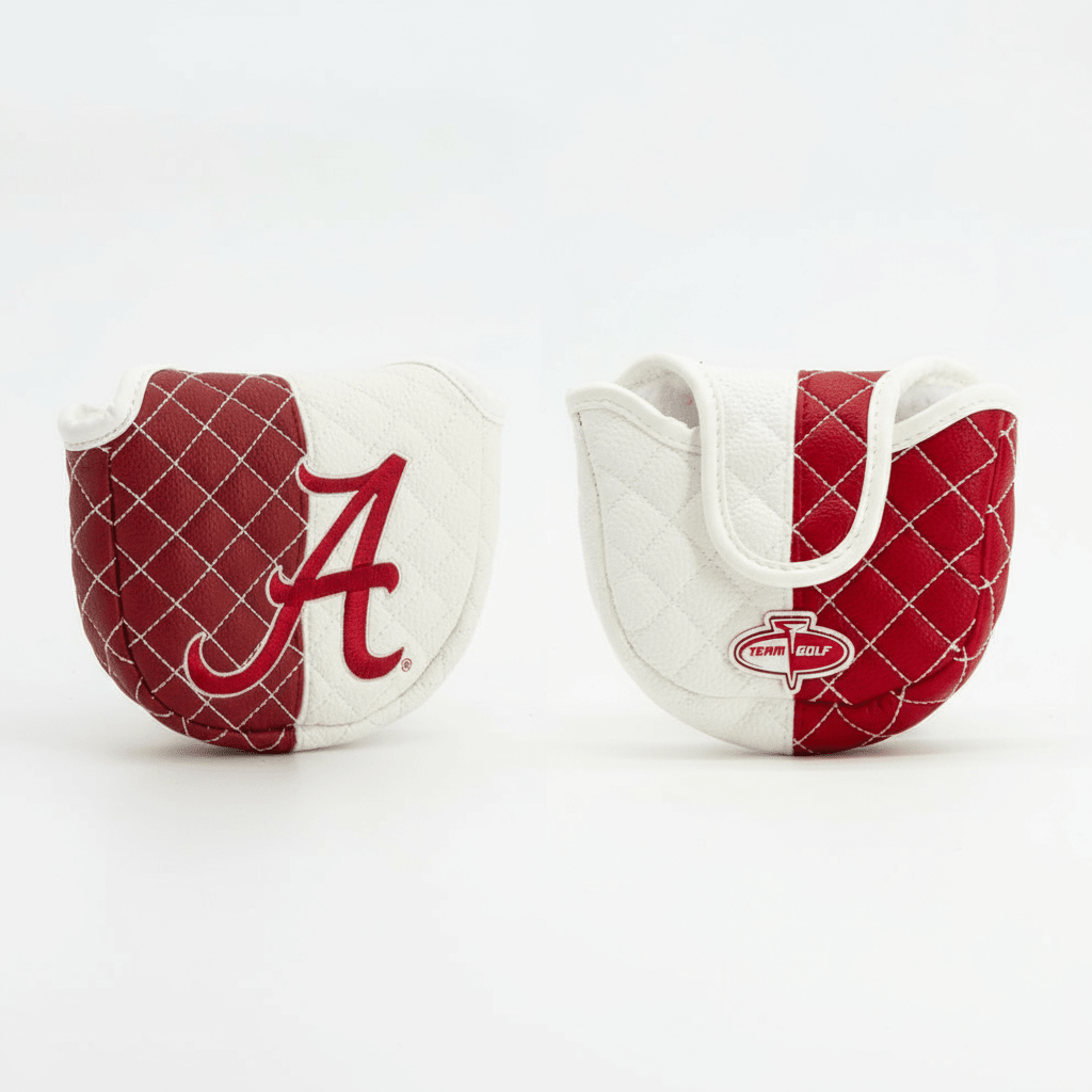 Two golf club covers with Alabama and Arkansas logos on a white background