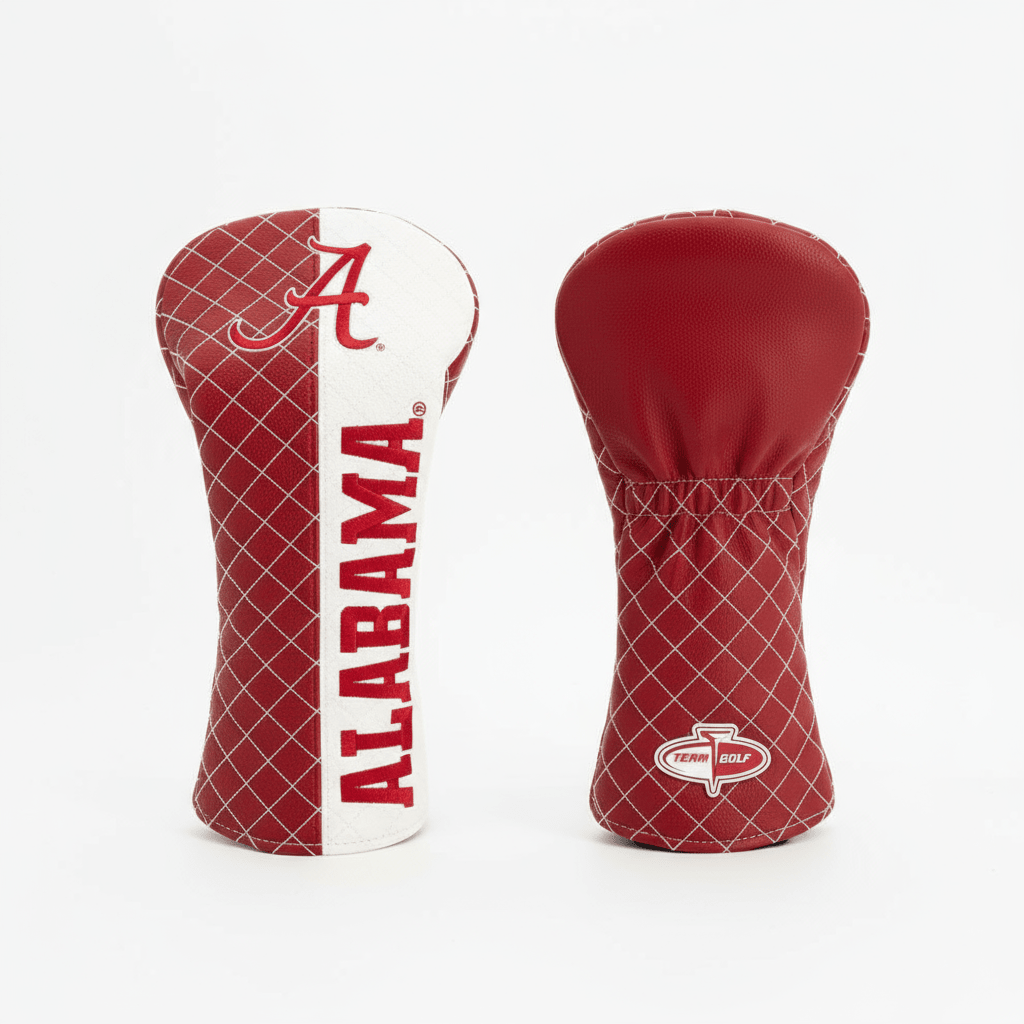 Red and white golf club head cover with 'Alabama' branding on a white background
