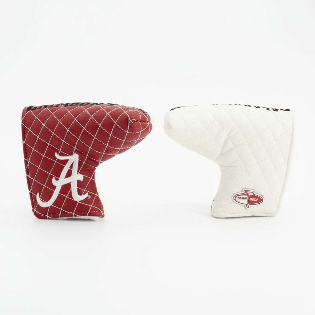 Two golf club head covers, one red with a white 'A' logo and the other white with a red logo, on a white background.