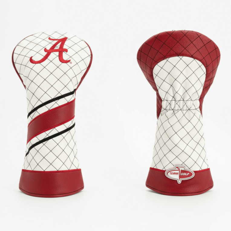 Two golf club head covers with a red and white design on a white background