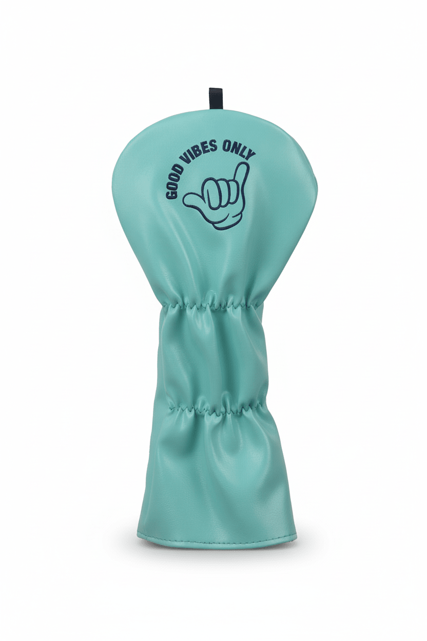 Turquoise golf club head cover with 'Good Vibes Only' text and hand symbol on a white background