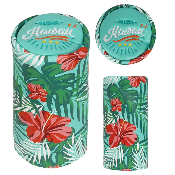 Tropical-themed cylindrical head cover with floral design and 'Aloha Hawaii' text.
