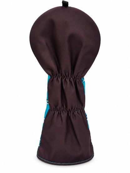 Rear view of the Always Salty driver headcover on white, showing the dark back panel, two rows of elasticated gathers, and blue hem stitching.