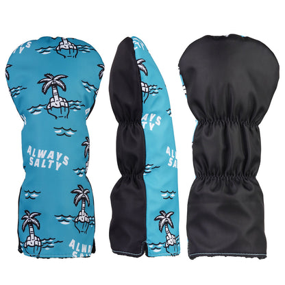 Golf Driver headcover with a blue palm tree and wave pattern on one side and black on the other, featuring 'Always Salty' text.