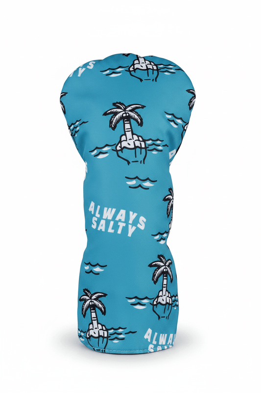 Blue golf club head cover with palm tree and wave design and always salty text 